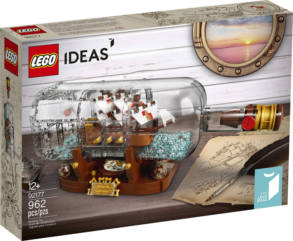 LEGO Ideas Ship in a Bottle sails and flag detail adds nautical charm.