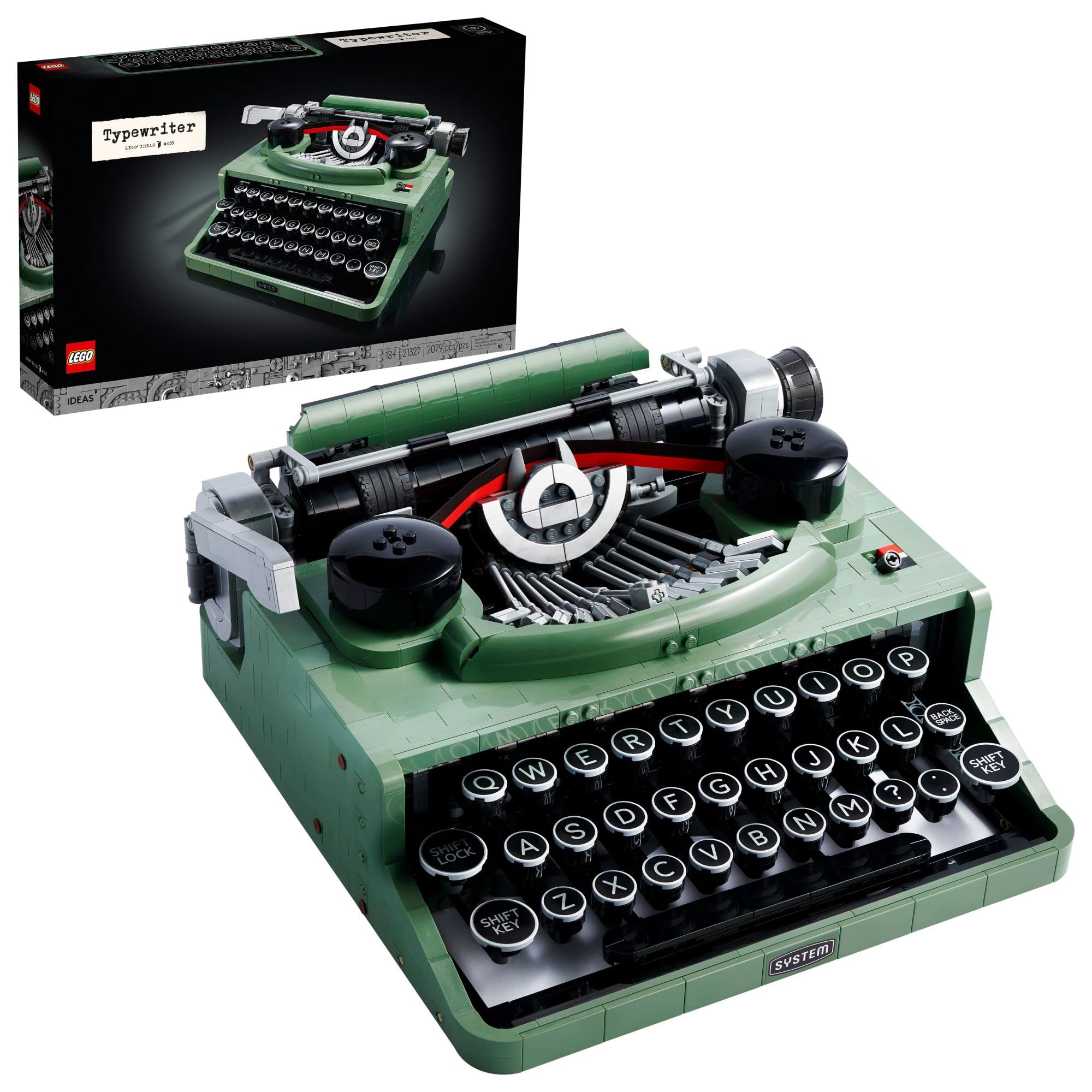 LEGO Ideas 21327 front view showcases a collectible retro typewriter display.