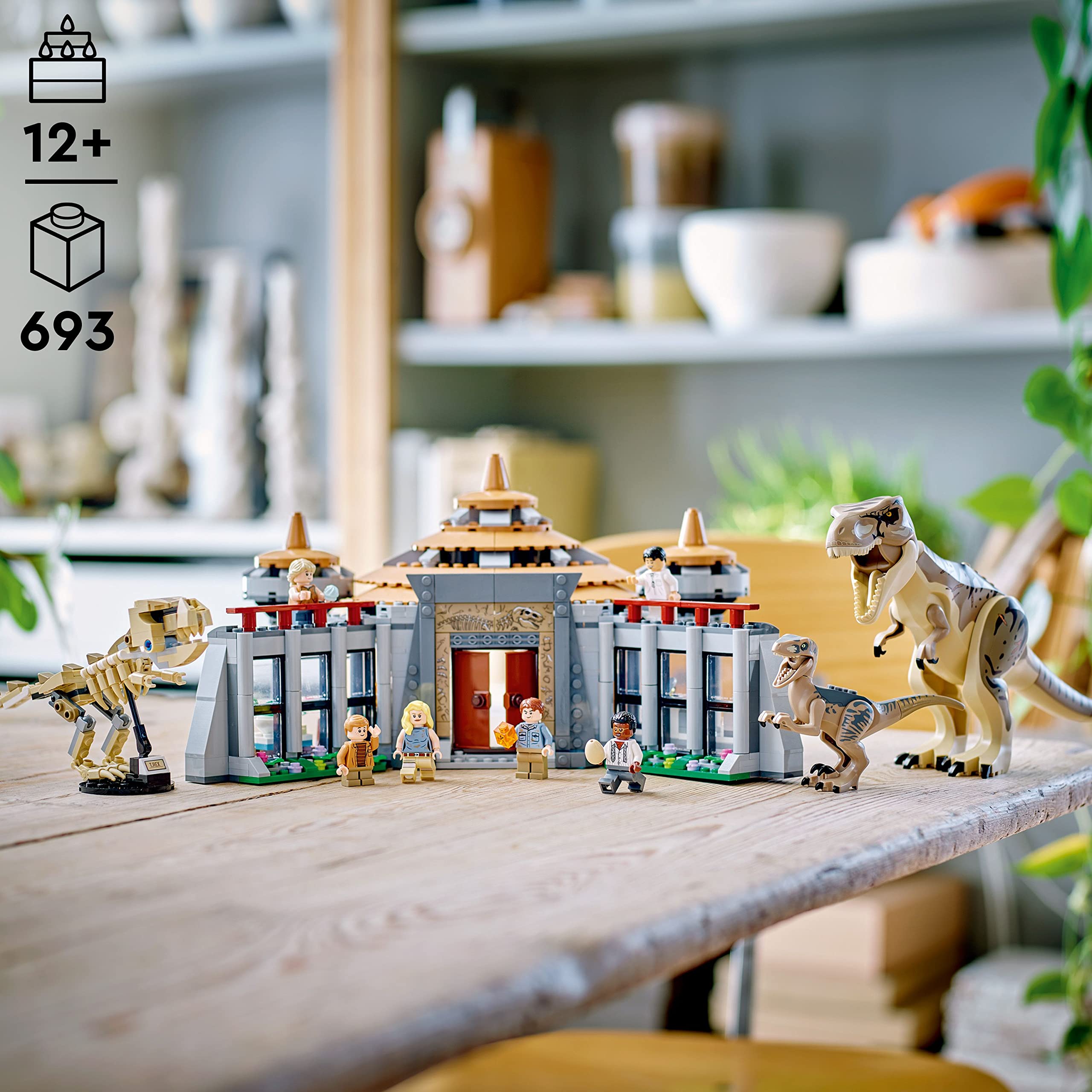 LEGO Jurassic Park Visitor Center Velociraptor figure in dynamic display pose.