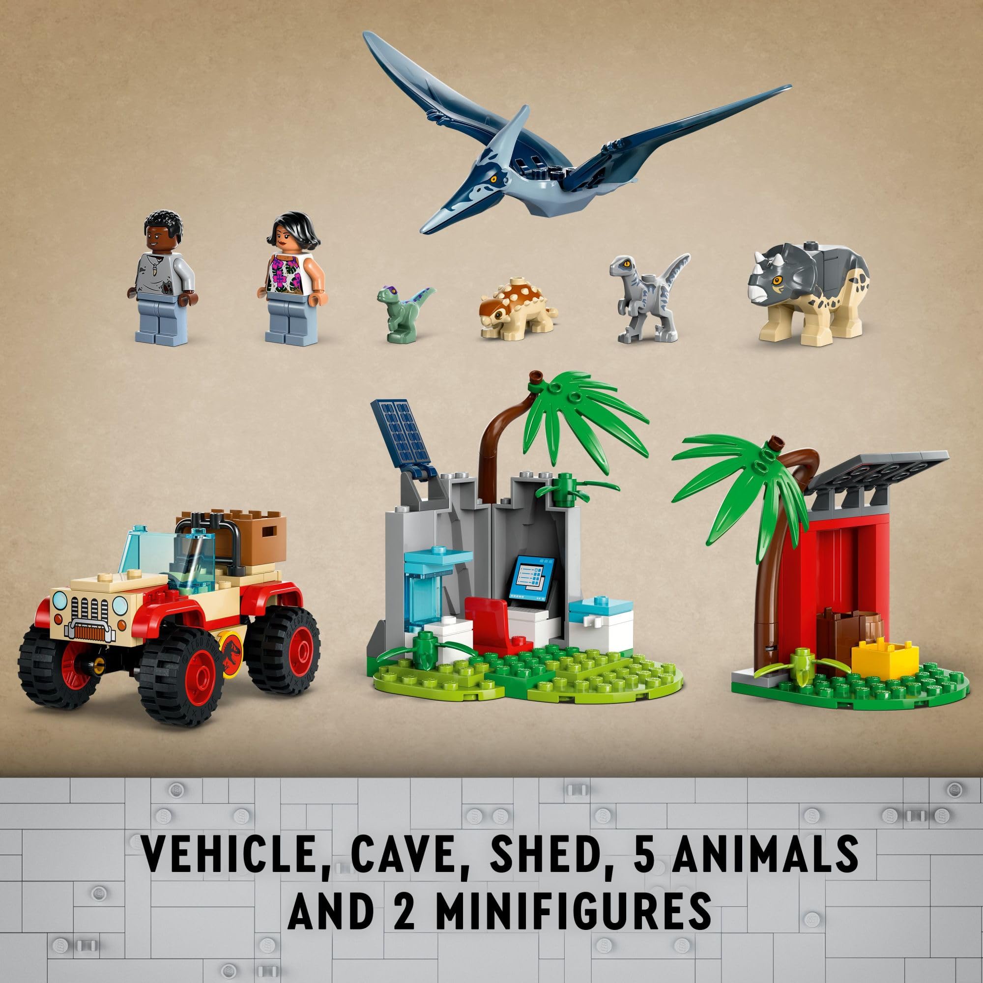 LEGO Jurassic World cave wall and computer workstation fueling pretend science