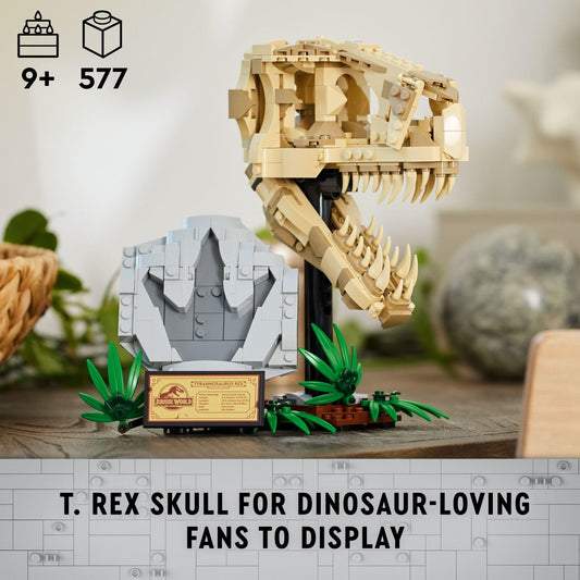 LEGO Jurassic World fossil figure on stand with plaque for imaginative display