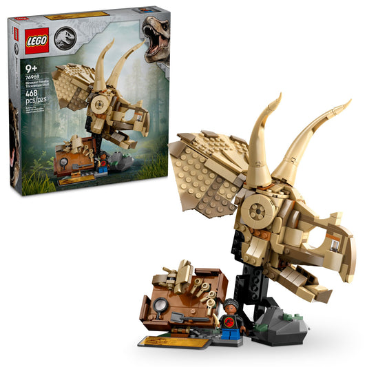 LEGO Jurassic World Triceratops skull on a stand for display and imaginative play.