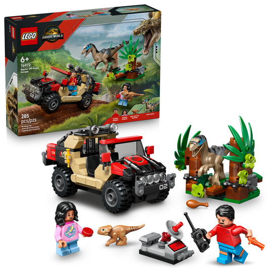 LEGO Jurassic World Raptor Off-Road Escape shows action-packed chase with a movable-jawed raptor