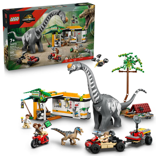 LEGO Jurassic World Raptor Tracking Mission set featuring the raptor with opening jaw for dynamic pretend play.