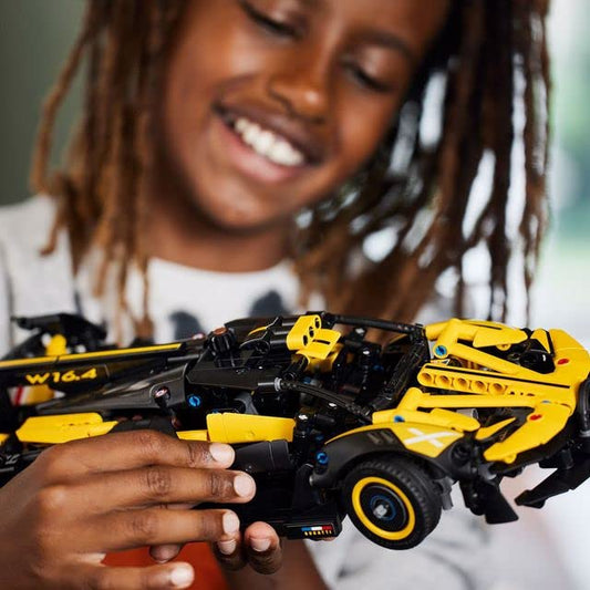 LEGO Le Bolide Bugatti front view highlights iconic yellow and black racing livery