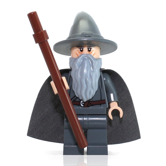 LEGO Gandalf minifigure with brown staff, ideal for display setups.