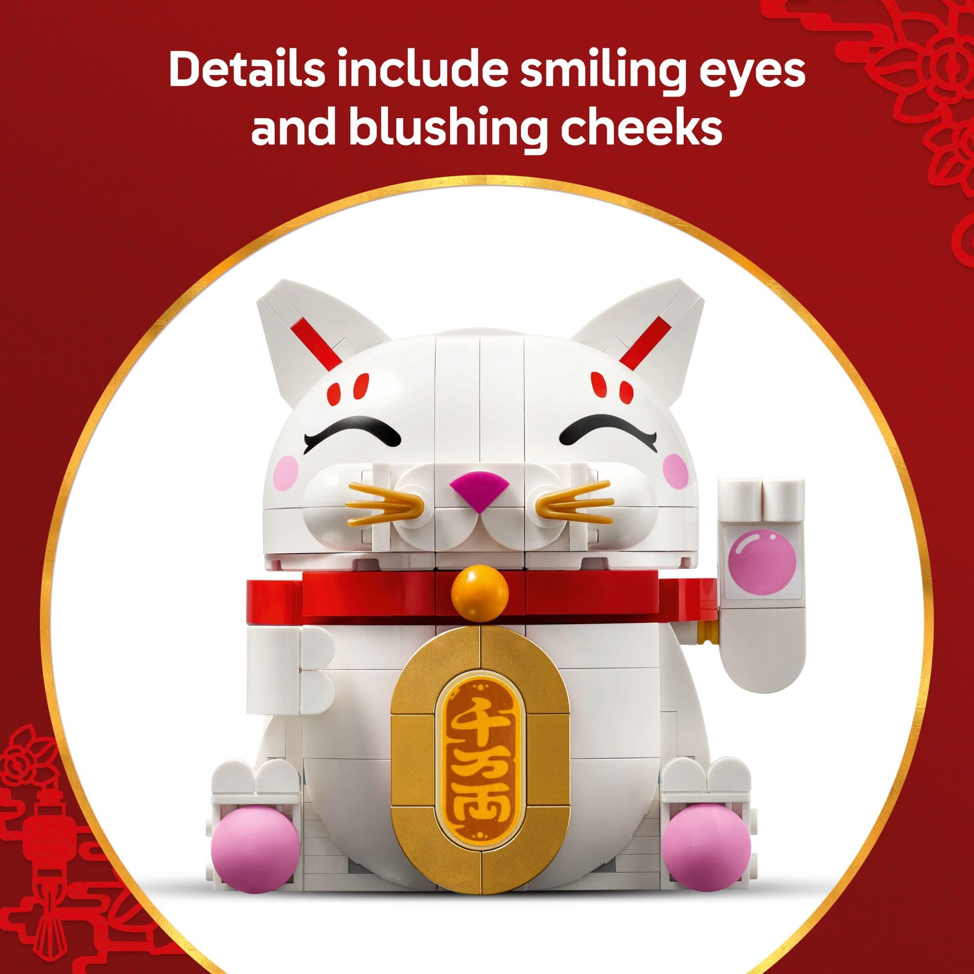 LEGO Lucky Cat detailed face emphasizing eyes and whiskers for playful charm