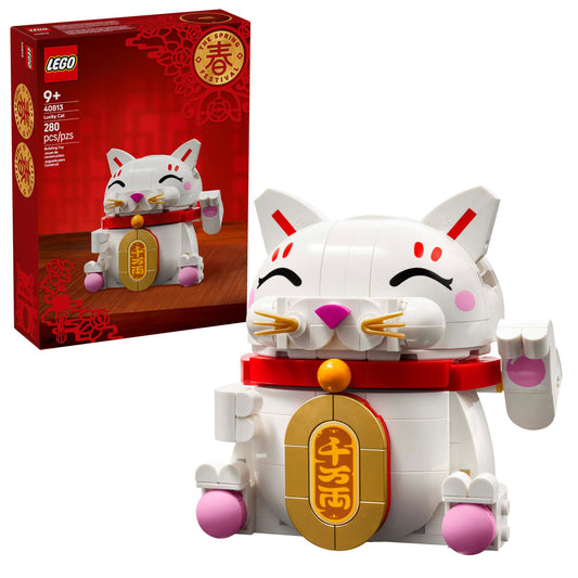 LEGO Lucky Cat figure with waving paw design adds dynamic charm to any shelf