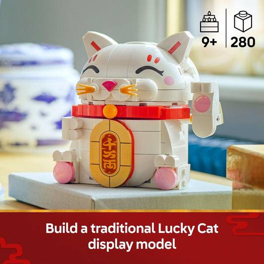 LEGO Lucky Cat with gold coin tummy panel for traditional decor