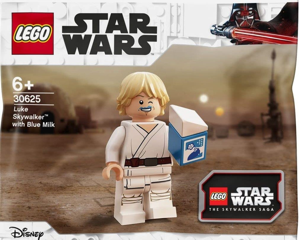 LEGO Luke Skywalker minifigure with blue milk, a collectible Star Wars promo piece for display