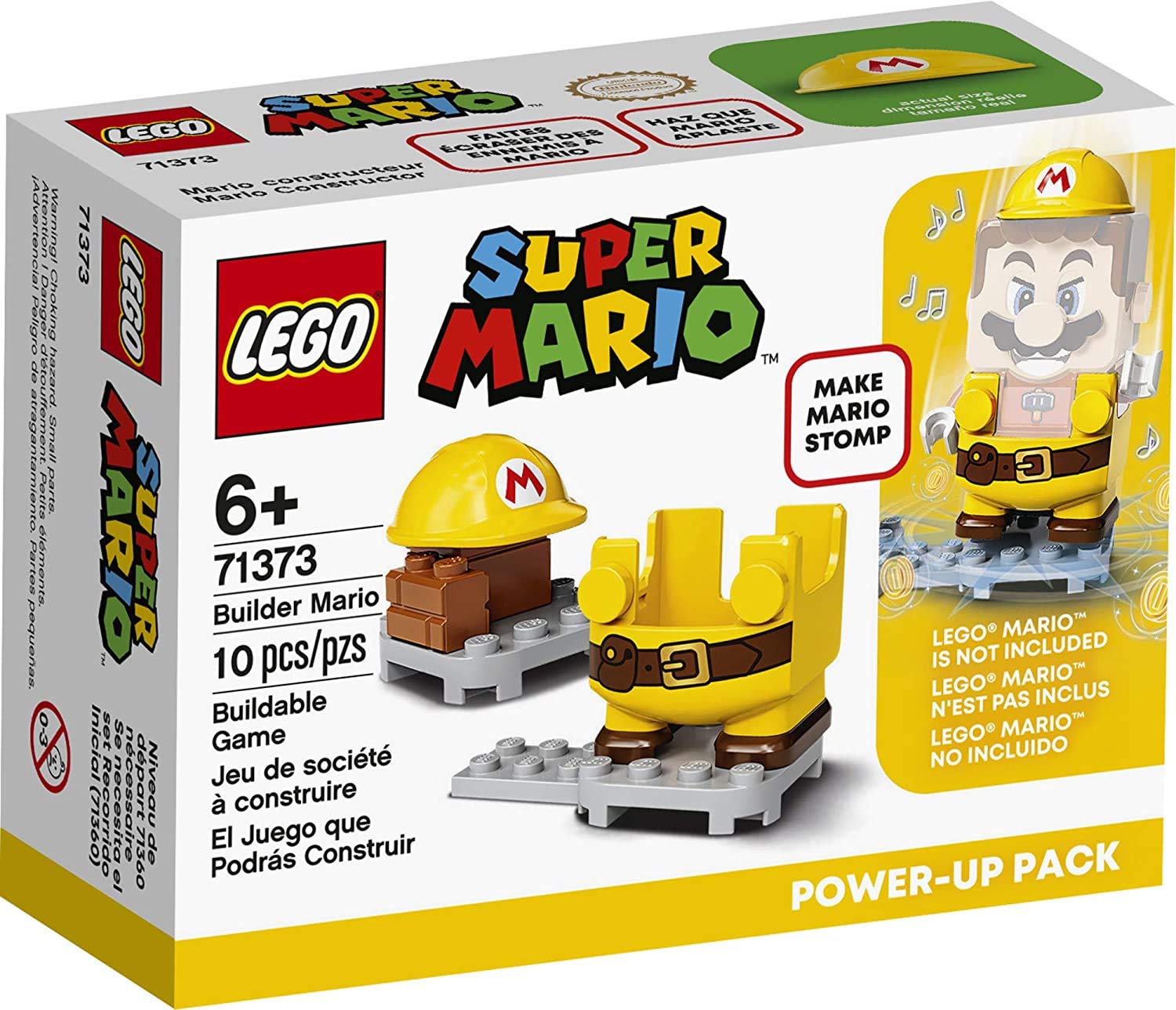 LEGO Mario Builder Costume on figure enhances brick-stomp play and coin collection