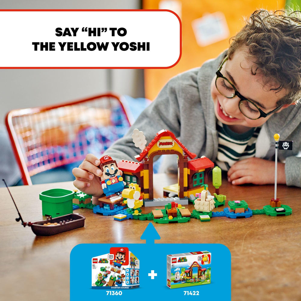 LEGO Super Mario house with detailed rooms and garden for storytelling.