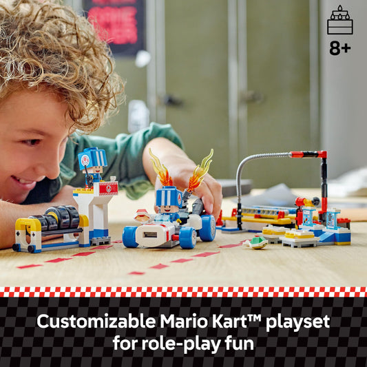 LEGO Mario Kart blue Toad pit crew figures enhance cooperative play.