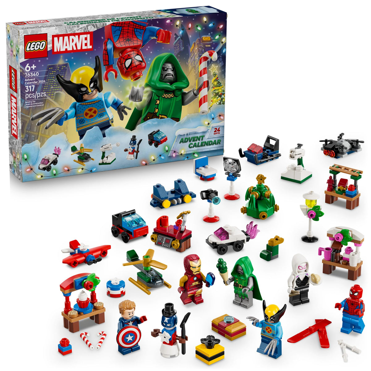 LEGO Marvel advent calendar box front showing 24 doors and festive art, brand fun