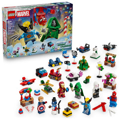 LEGO Marvel advent calendar box front showing 24 doors and festive art, brand fun