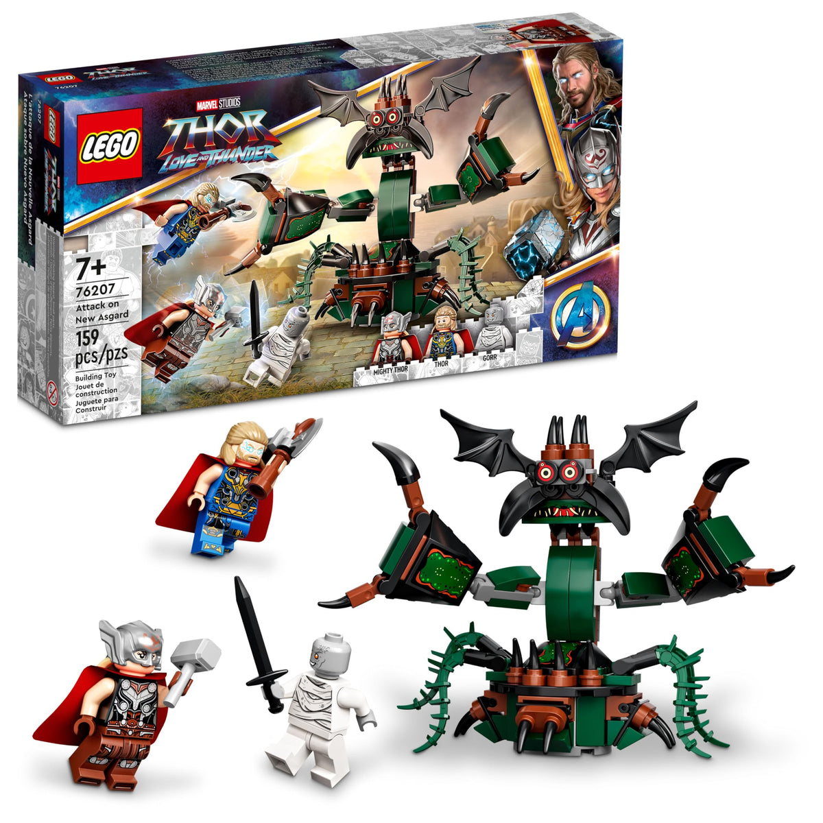 LEGO Marvel Attack on New Asgard Thor 76207 with hammer and Stormbreaker for imaginative play.
