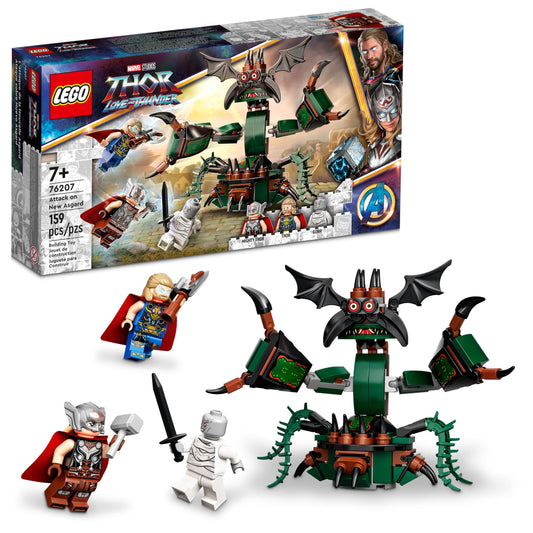 LEGO Marvel Attack on New Asgard Thor 76207 with hammer and Stormbreaker for imaginative play.