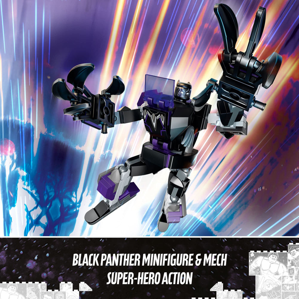 LEGO Marvel Black Panther Mech Armor side view highlights jointed limbs ideal for action poses