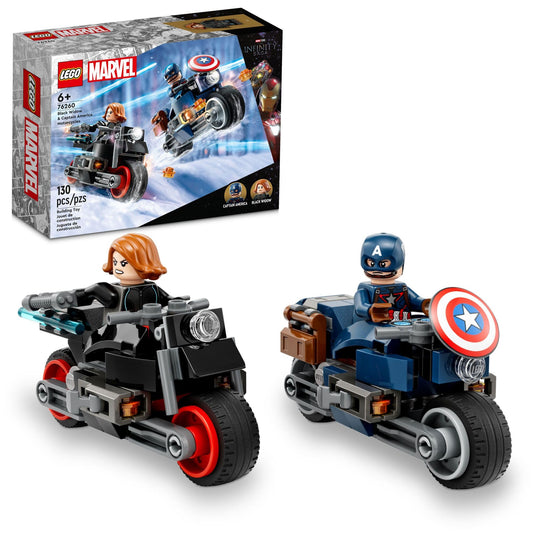 LEGO Marvel Black Widow and Captain America motorcycles front view for dynamic play