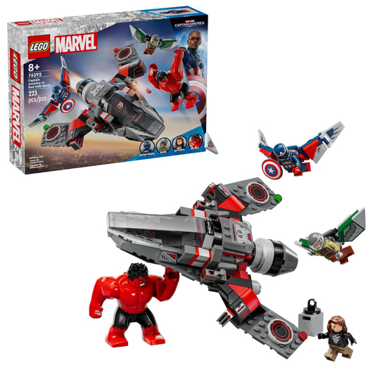 LEGO Marvel Captain America vs Red Hulk battle jet with opening cockpit for flying adventures.