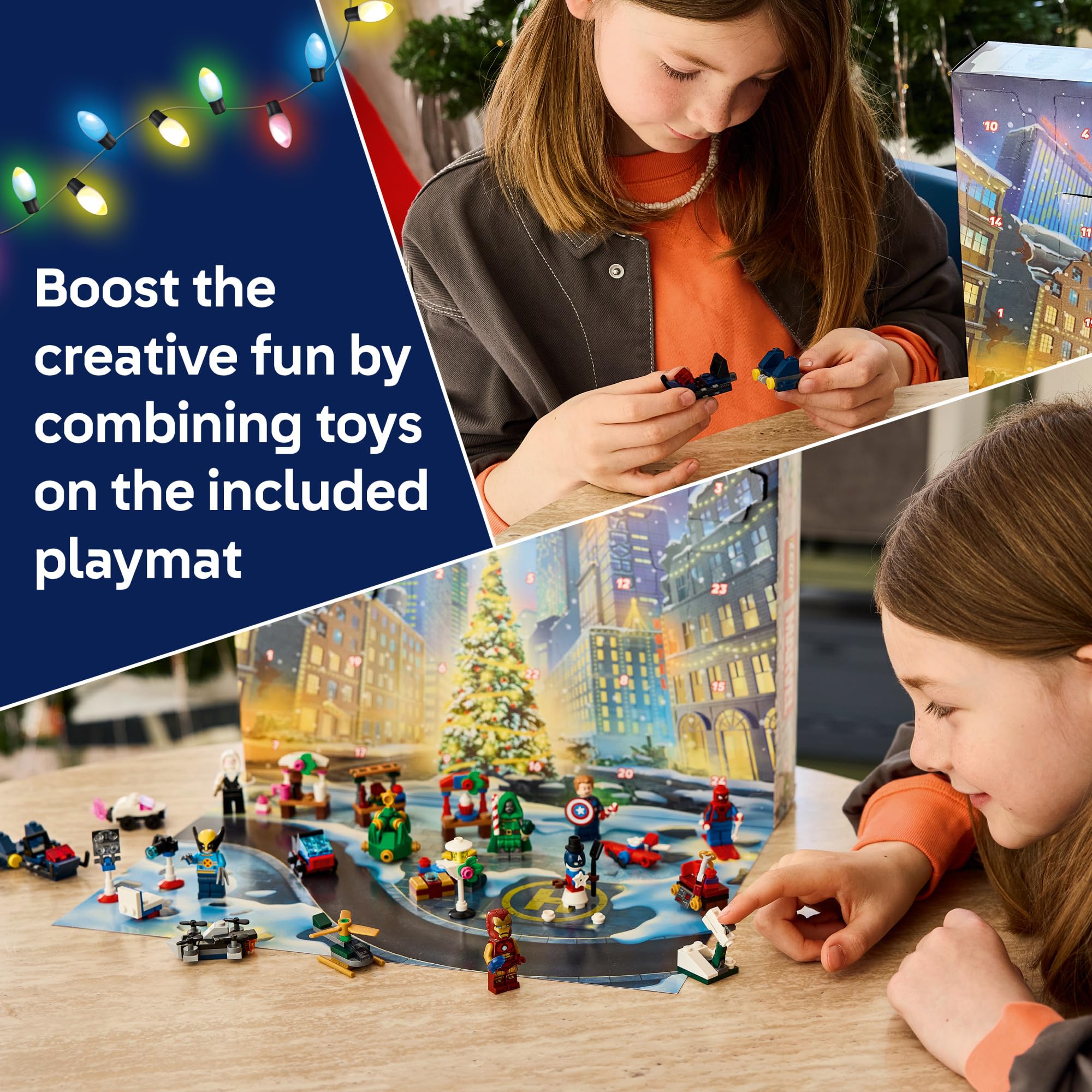 Group of holiday micro-builds including X‑Jet sleigh and snowman for imaginative scenes, brand creativity