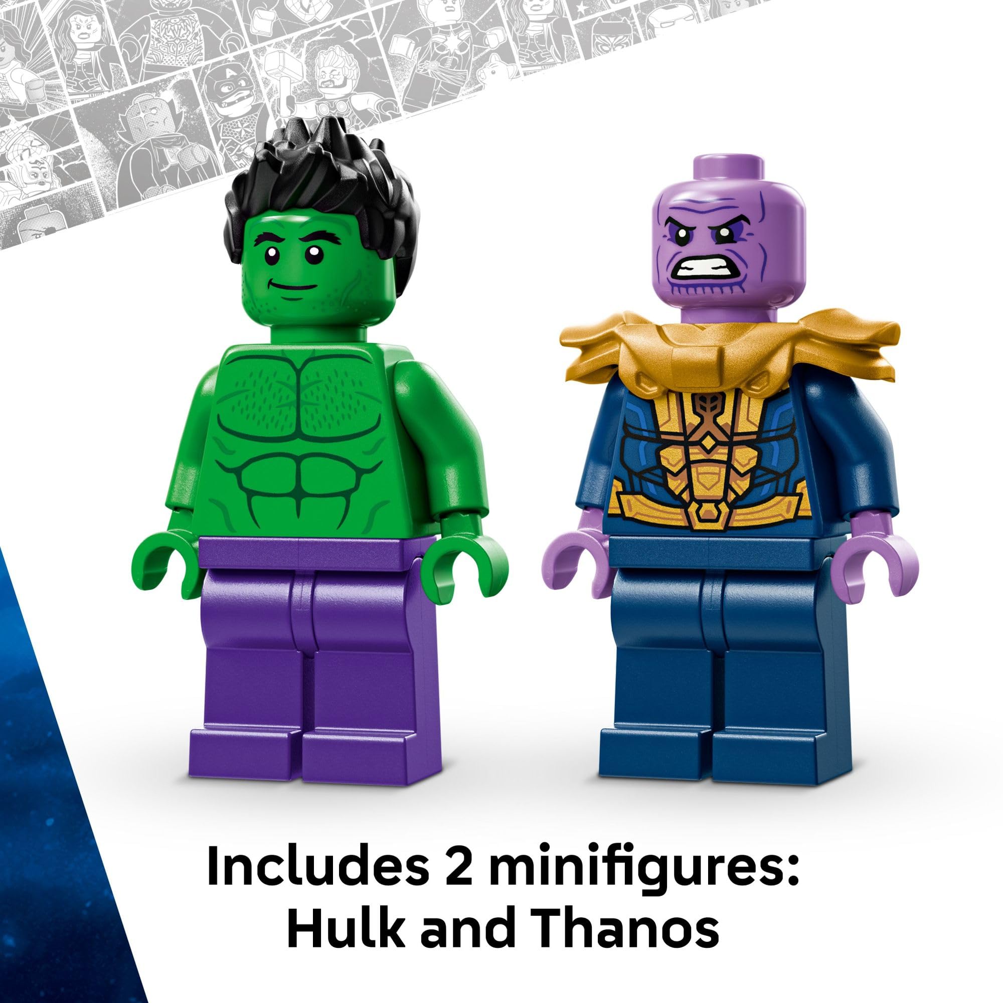 LEGO accessory set including Hulk helmet and Thanos gauntlet encourages play sets