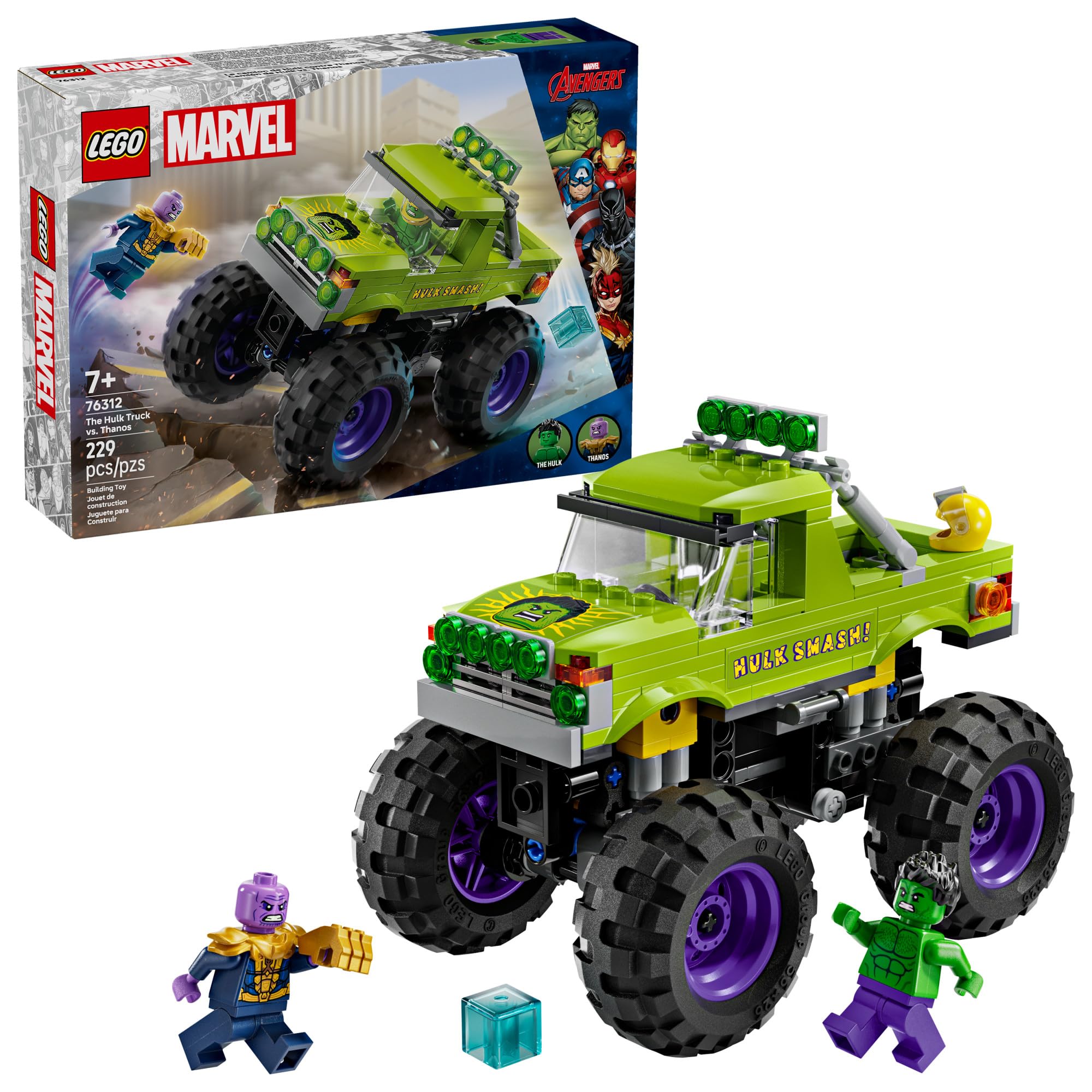 LEGO Marvel Hulk Truck vs Thanos front view boosts action play