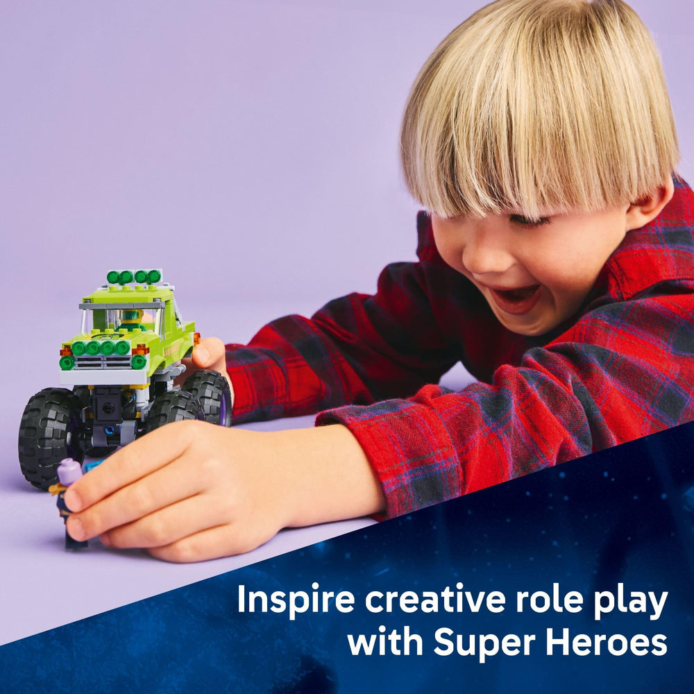 LEGO Hulk truck wheels and purple rims enhance monster truck realism