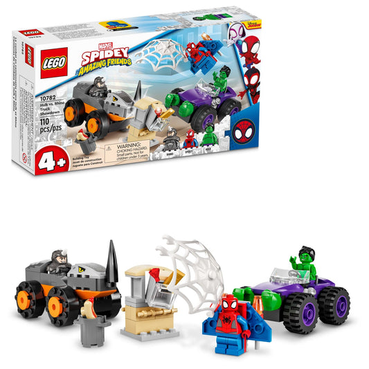 LEGO Marvel Hulk vs Rhino monster truck showdown front view: dynamic action-ready design for kids.
