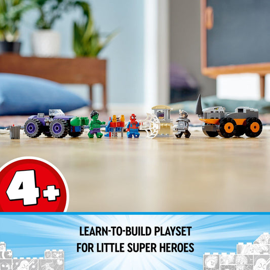 LEGO Marvel Hulk vs Rhino trucks side view encourages imaginative racing adventures.