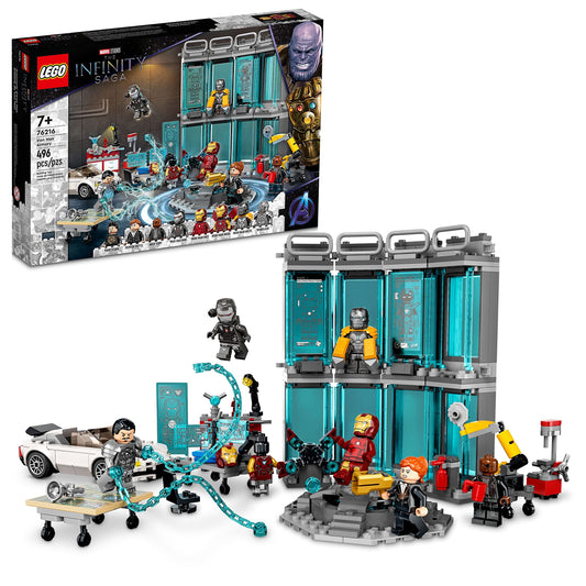 LEGO Marvel Iron Man Armory featuring MK3, MK25, MK85 suits for imaginative play