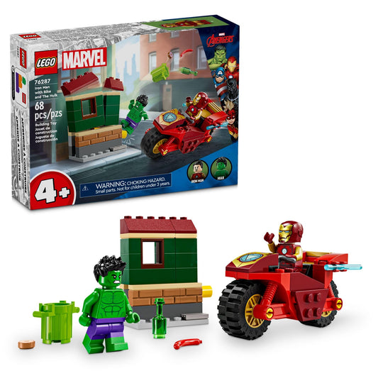 LEGO Marvel Iron Man with Bike and Hulk—front view for imaginative play