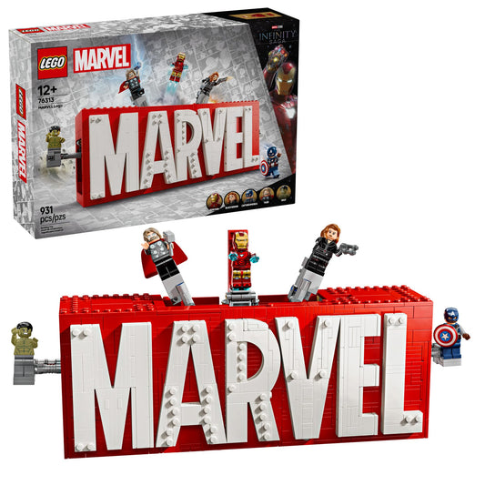 LEGO Marvel MARVEL Logo minifigures display for collection and imaginative play