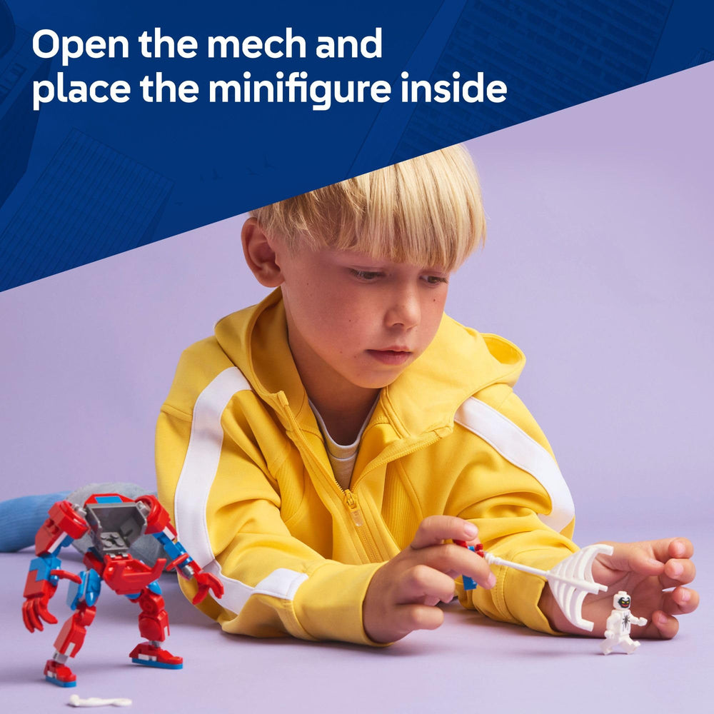 LEGO Marvel mech posable arms and legs enable dynamic action sequences.