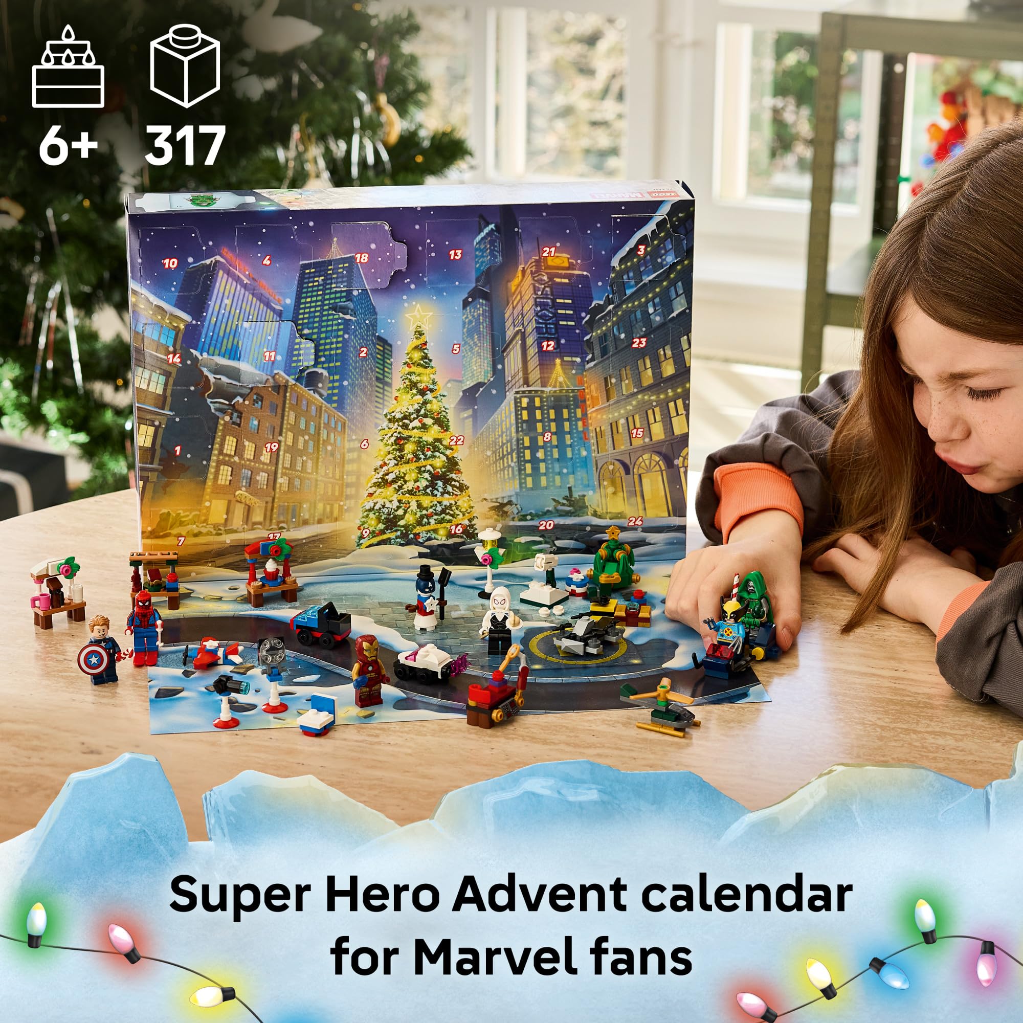 LEGO Marvel minifigures lineup with six characters wearing holiday outfits, brand collectible benefit