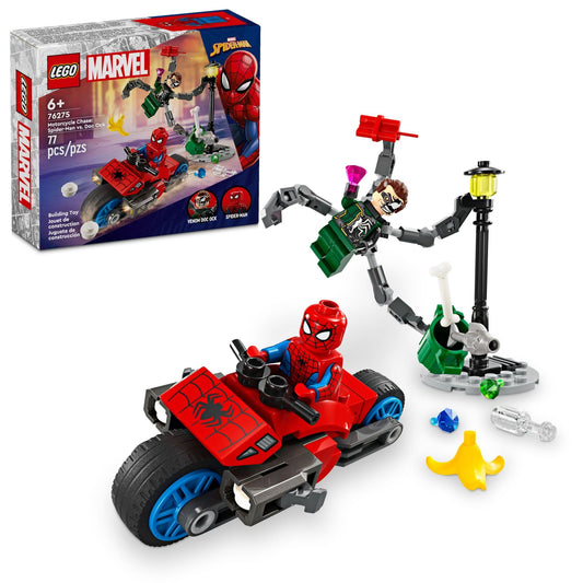 LEGO Marvel Spider-Man motorcycle with stud shooters for high-speed play.