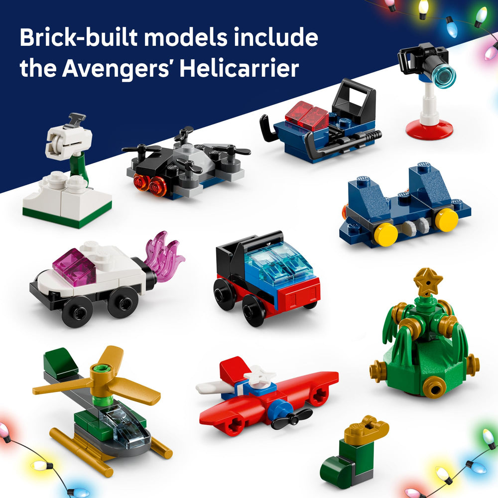 Child playing with assembled Marvel builds in living room, encouraging hands-on holiday play with LEGO