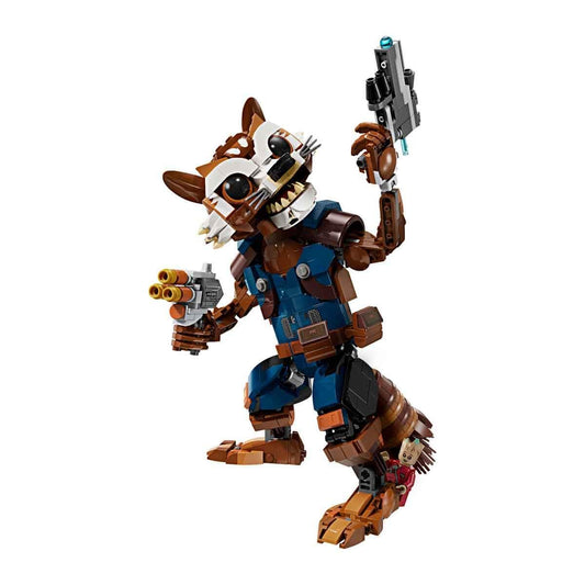 LEGO Marvel Rocket & Baby Groot with Baby Groot on Rocket's shoulder for storytelling.