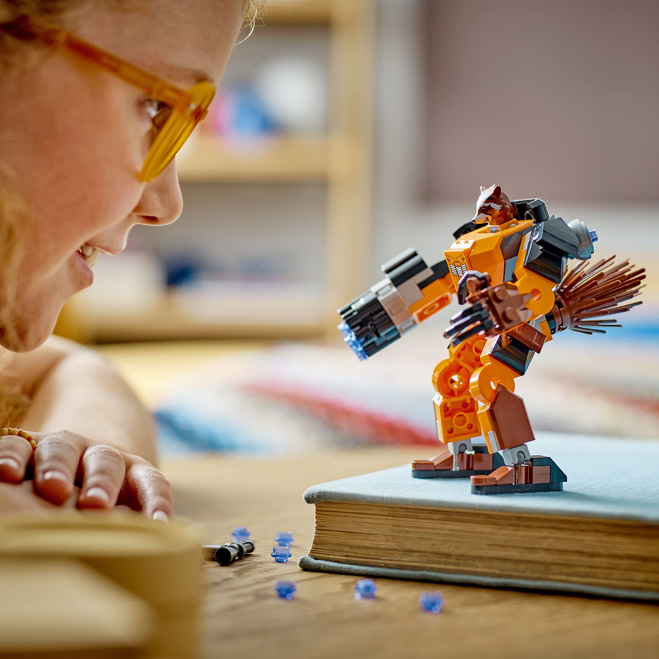 LEGO Marvel Rocket Mech Armor includes blaster accessories for action-packed scenes
