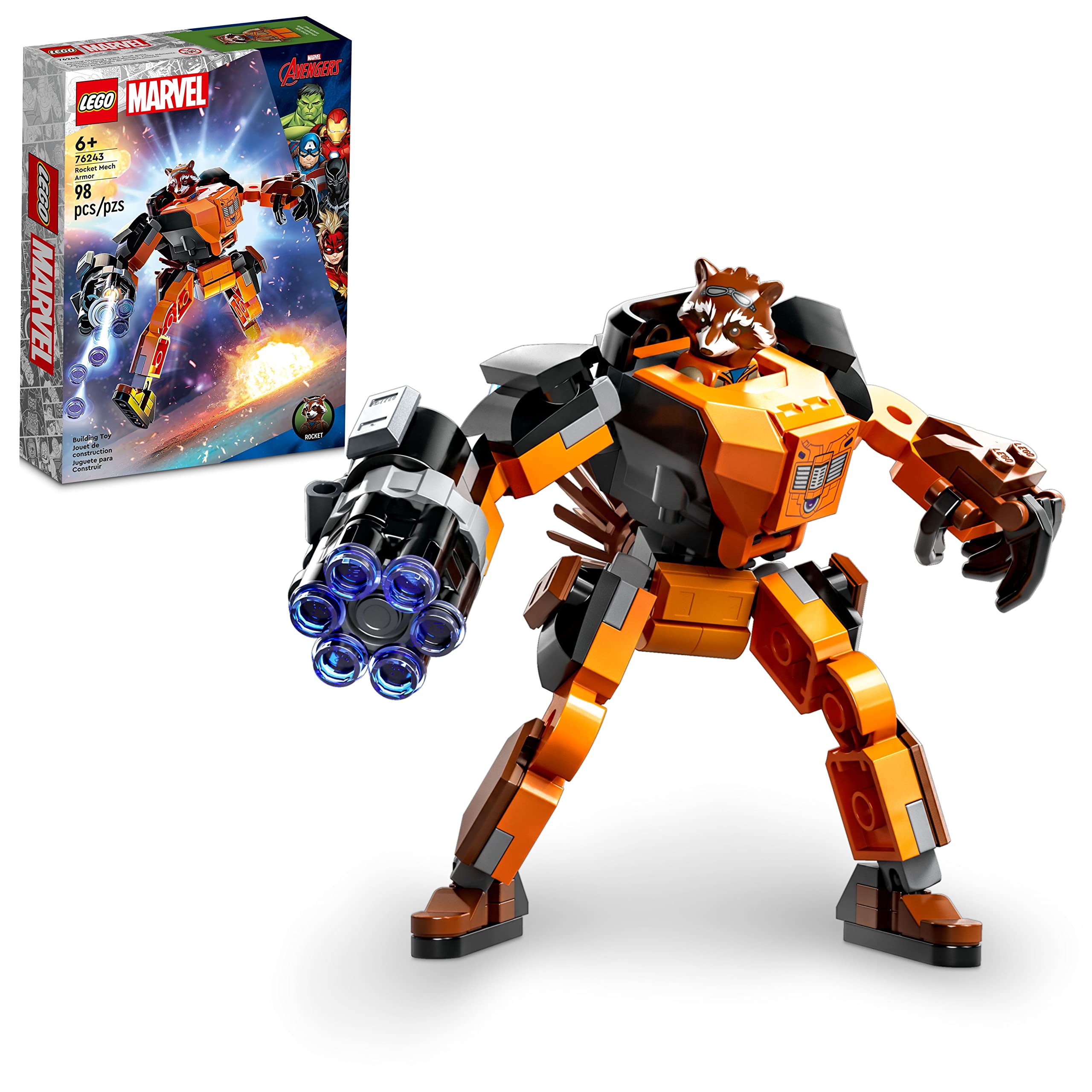 LEGO Marvel Rocket Mech Armor cockpit open with Rocket minifigure ready for action