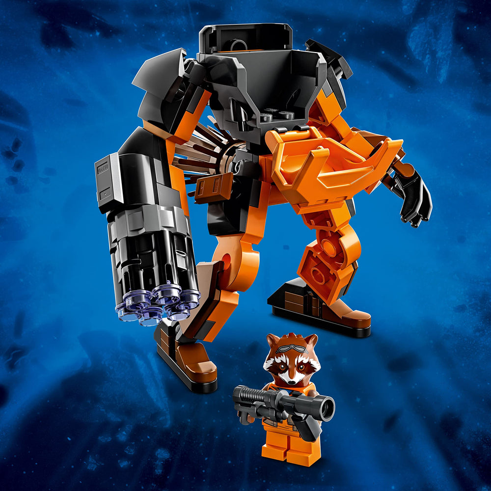 LEGO Marvel Rocket Mech Armor stands 11 cm tall for portable play and travel