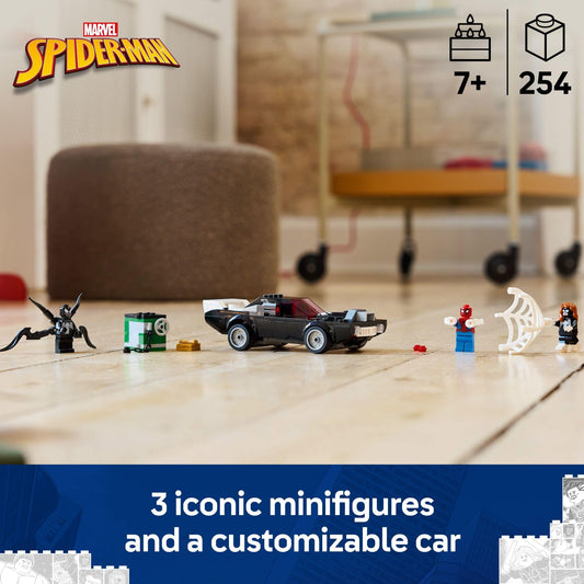LEGO Marvel Spider-Man vs Venom Muscle Car side view shows accessible engine and shooters.