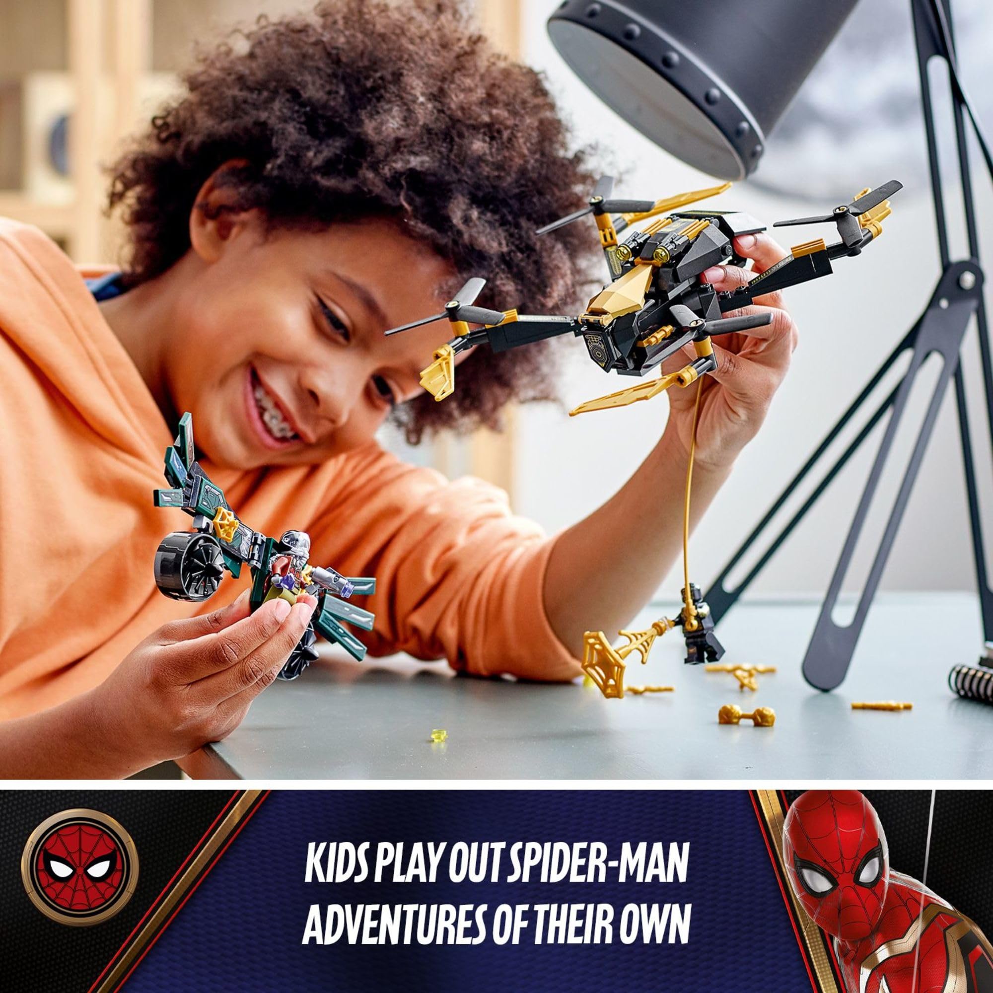 LEGO Marvel Spider-Man’s Drone Duel drone on a landing pad for quick setups