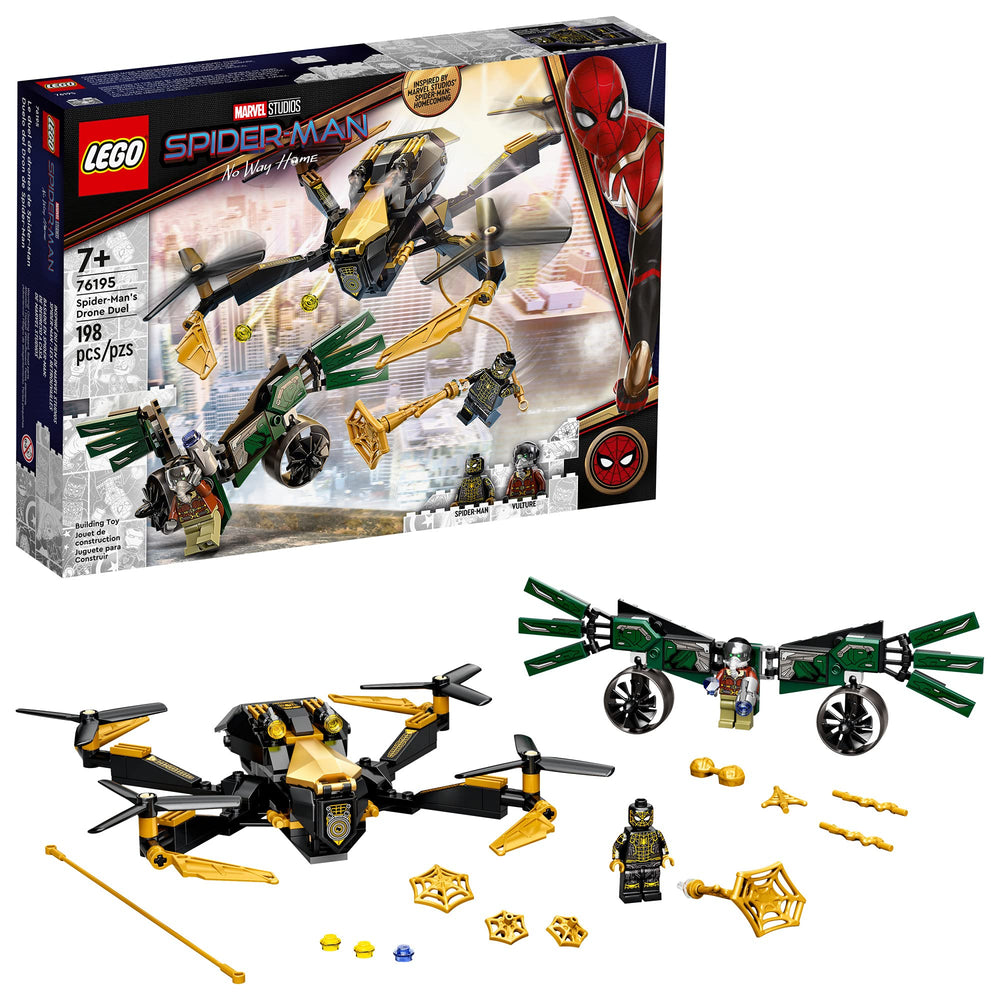 LEGO Marvel Spider-Man’s Drone Duel drone in flight with four rotors for dynamic aerial play