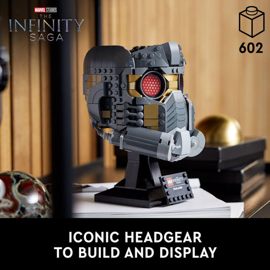 LEGO Marvel Star-Lord helmet side view showing detailed brickwork