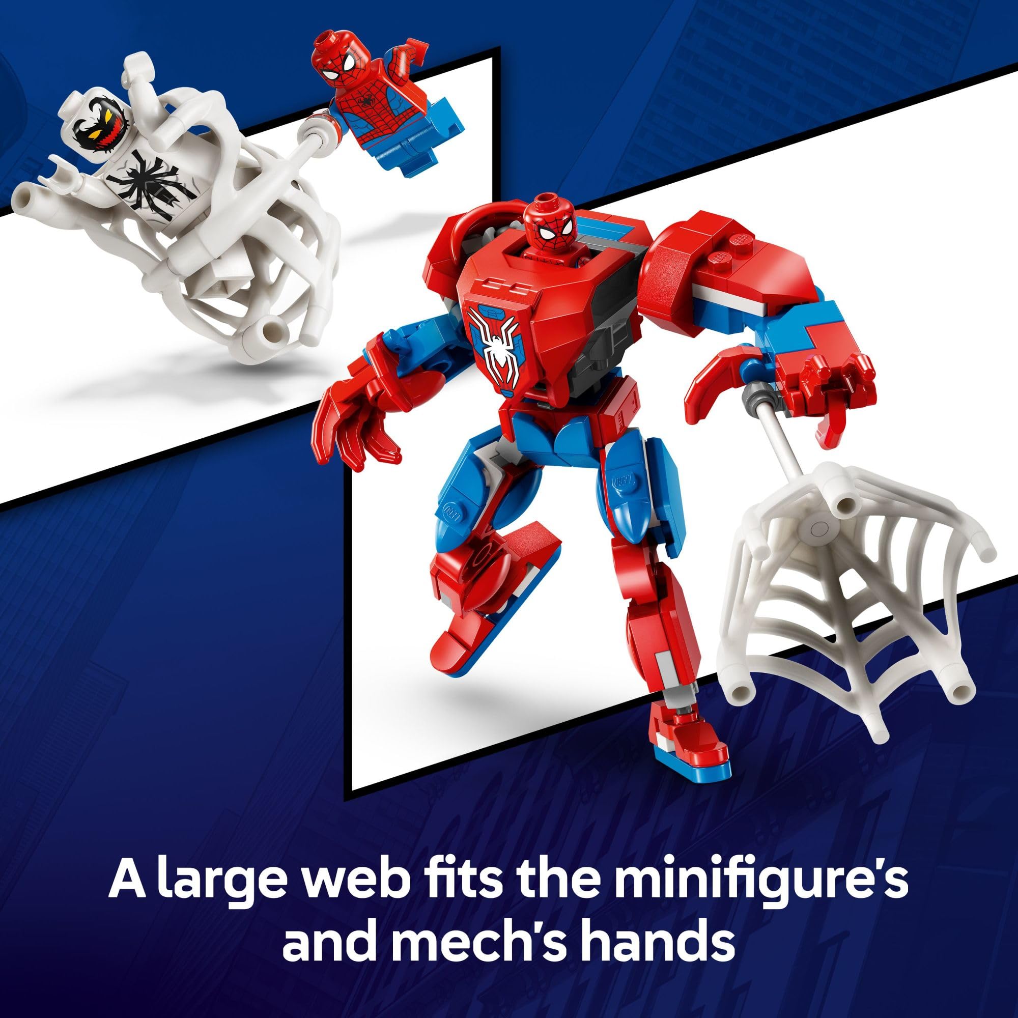 LEGO Marvel web trap action shows a flexible web for capturing figures.