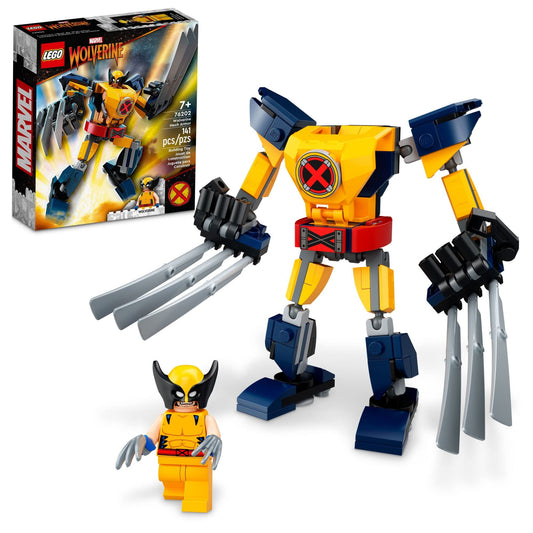 LEGO Marvel Wolverine mech armor stand—display-ready for fans.