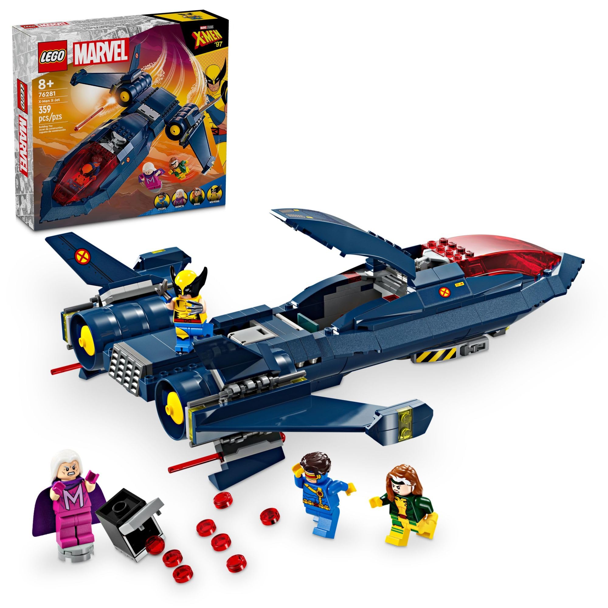 LEGO Marvel X-Men X-Jet front cockpits fit four minifigures for immersive action.