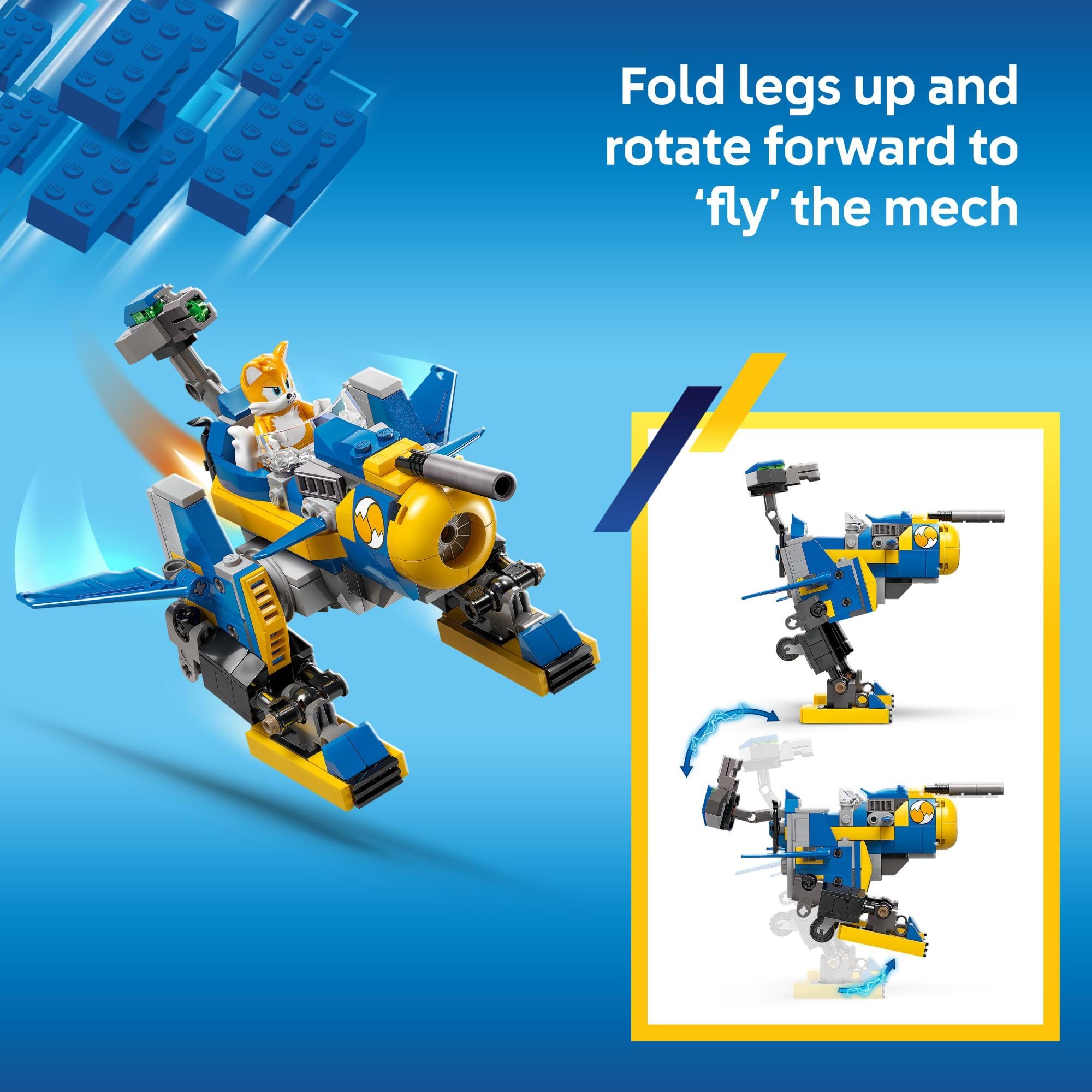 LEGO folding mech legs demonstrate rapid walking-to-flying transformation.