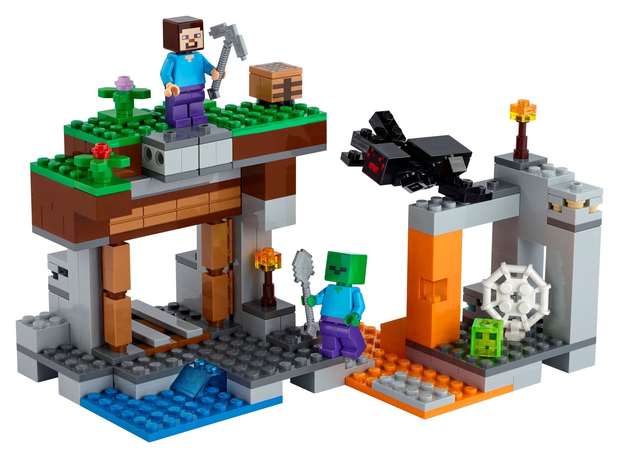 LEGO Minecraft The Abandoned Mine gravel collapse feature for dynamic play efficiency.